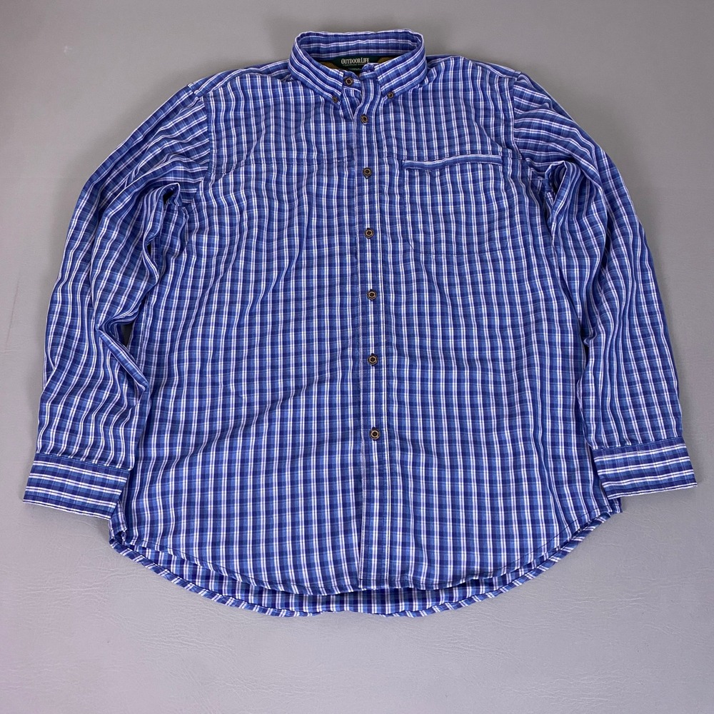 Outdoor Life Button Down Shirt Men's Large Blue Plaid Long Sleeve‎ Fishing